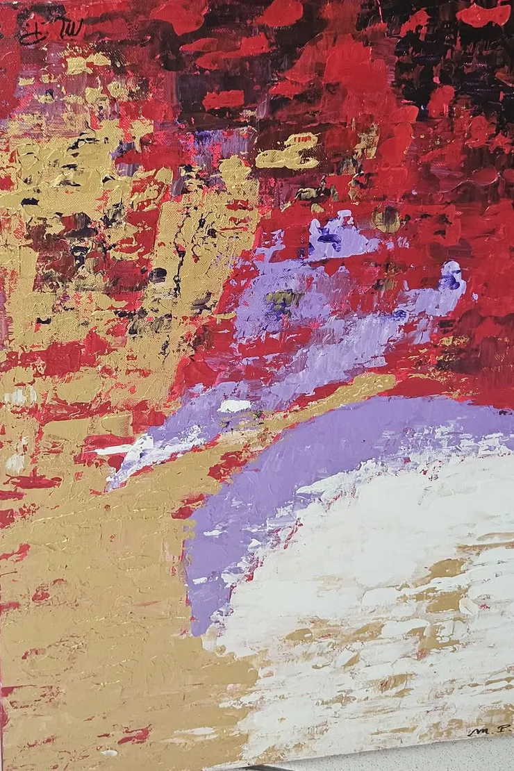 Tableau abstrait : aplats de rouge, d'or, de mauve et de blanc